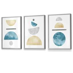 Rackhams Yellow and Aqua Blue Abstract Mid Century Geometric Set of 3 Framed Wall Art - 42x59cm (A2) - Light Walnut - thumbnail 6