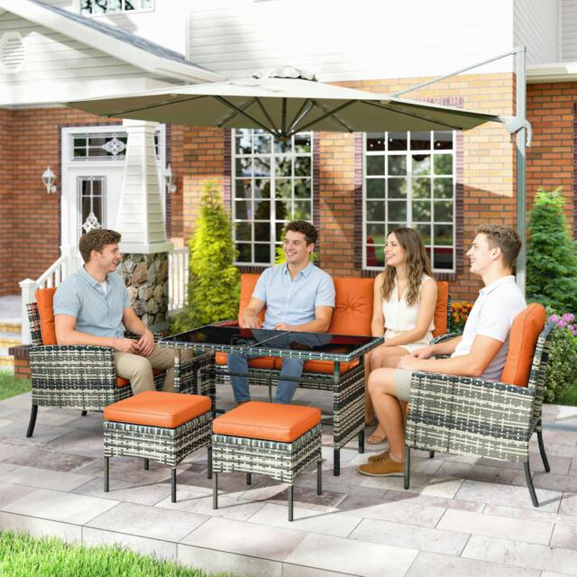 Rackhams 6 Pieces Rattan Garden Furniture Sofa Set with Cushions, Orange - image 1