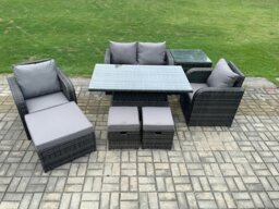 Rackhams Wicker PE Rattan Furniture Garden Dining Set Outdoor Height Adjustable Rising lifting Table Love Sofa Chair With Side Table 3 Stools - thumbnail 1