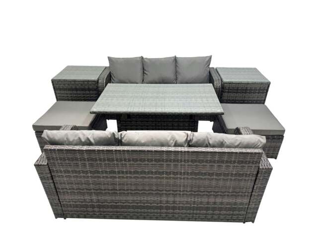 Rackhams 8 Seat Outdoor Wicker PE Rattan Garden Furniture Set Dining Table Sofa Set with 2 Big Stool 2 Side Tables Dark Grey Mixed - image 1