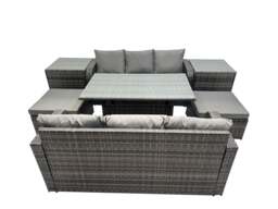 Rackhams 8 Seat Outdoor Wicker PE Rattan Garden Furniture Set Dining Table Sofa Set with 2 Big Stool 2 Side Tables Dark Grey Mixed - thumbnail 1