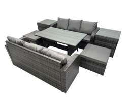 Rackhams 8 Seat Outdoor Wicker PE Rattan Garden Furniture Set Dining Table Sofa Set with 2 Big Stool 2 Side Tables Dark Grey Mixed - thumbnail 2