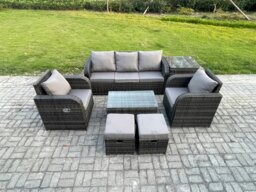 Rackhams Outdoor Rattan Garden Lounge Sofa Set - Dark Grey Mixed Patio Furniture with Reclining Chair & Rectangular Coffee Table - thumbnail 1