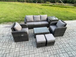 Rackhams Outdoor Rattan Garden Lounge Sofa Set - Dark Grey Mixed Patio Furniture with Reclining Chair & Rectangular Coffee Table - thumbnail 2