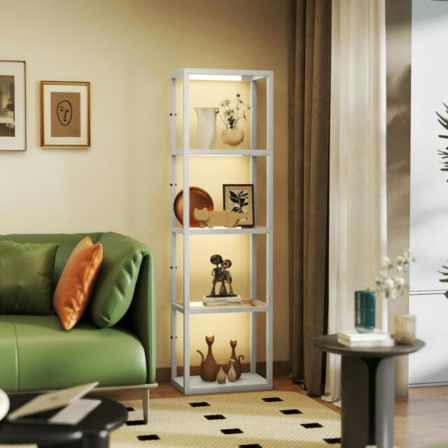 Rackhams LED Floor Lamp with Glass Shelves, Dimmable Room Lamp, Oak - Grey - image 1