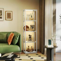 Rackhams LED Floor Lamp with Glass Shelves, Dimmable Room Lamp, Oak - Grey - thumbnail 1