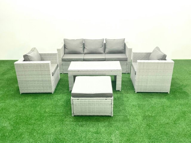 Rackhams Rattan Garden Furniture Set 5 Pieces Outdoor Garden Sofa Oblong Coffee Table Set with 2 Chairs Stool Light Grey Mixed - image 1