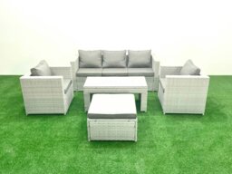 Rackhams Rattan Garden Furniture Set 5 Pieces Outdoor Garden Sofa Oblong Coffee Table Set with 2 Chairs Stool Light Grey Mixed - thumbnail 2