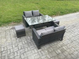 Rackhams 6 Seater PE Wicker Rattan Garden Furniture Set Love Sofa Outdoor Rectangular Dining Table 2 Small Footstools Dark Grey Mixed - thumbnail 2