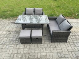 Rackhams 6 Seater PE Wicker Rattan Garden Furniture Set Love Sofa Outdoor Rectangular Dining Table 2 Small Footstools Dark Grey Mixed - thumbnail 1