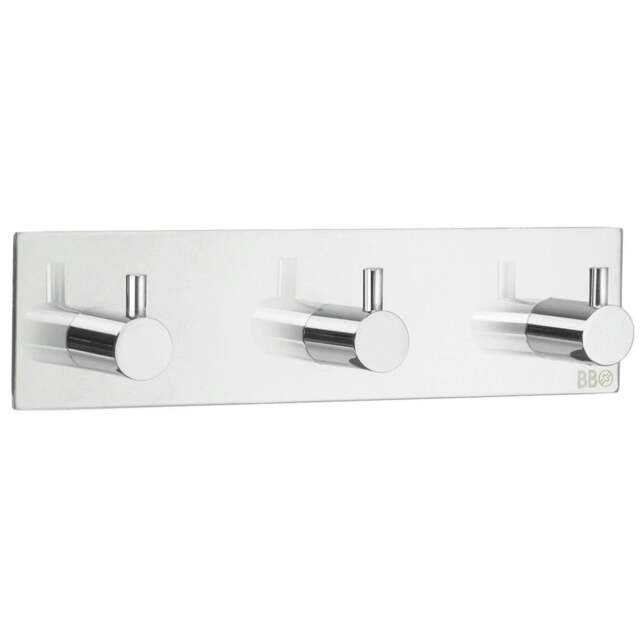 Rackhams Chrome Stainless Steel Triple Towel Hook (180 x 45mm) Self Adhesive Bathroom Wall Mounted
