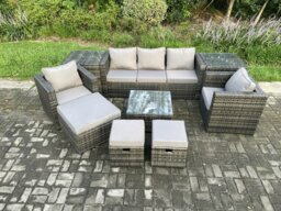 Rackhams 8 Seater Dark Grey Mixed Rattan Outdoor Sofa Set - 2 Side Tables, Armchair, Square Coffee Table & 3 Footstools - thumbnail 2