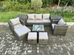 Rackhams 8 Seater Dark Grey Mixed Rattan Outdoor Sofa Set - 2 Side Tables, Armchair, Square Coffee Table & 3 Footstools - thumbnail 1