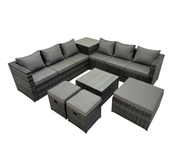 Rackhams 9 Seater Garden Outdoor Rattan Furniture Set Patio Corner Sofa Coffee Table with 3 Stools Dark Grey - image 1