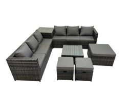 Rackhams 9 Seater Garden Outdoor Rattan Furniture Set Patio Corner Sofa Coffee Table with 3 Stools Dark Grey - thumbnail 2