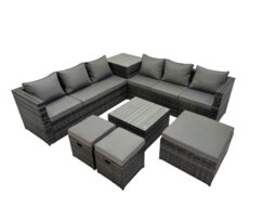 Rackhams 9 Seater Garden Outdoor Rattan Furniture Set Patio Corner Sofa Coffee Table with 3 Stools Dark Grey - thumbnail 1