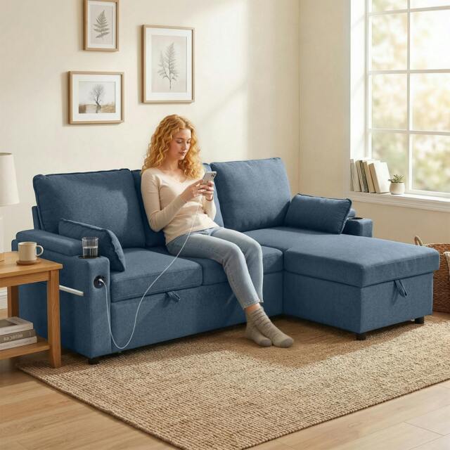 Rackhams Corner Sofa Bed, L Shaped Sofa with Storage Chaise, USB Ports - Blue - image 1