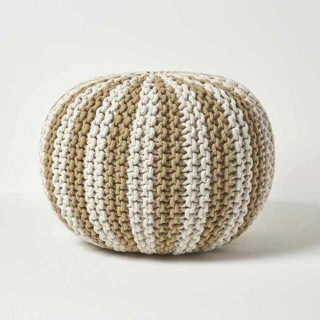 Rackhams Off White and Linen Knitted Pouffe Striped Footstool - 40 x 50 cm - image 1