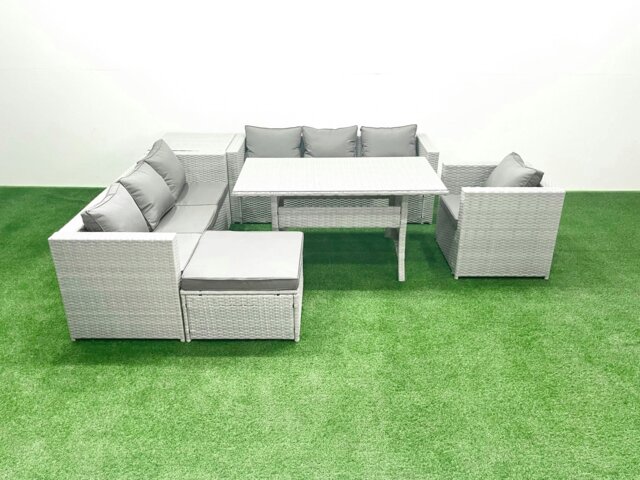 Rackhams 6 Pieces Outdoor Rattan Sofa Set with Cushions Patio Garden Furniture Sets with Armchair Dining Table Side Table Big Footstool - image 1