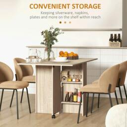 Rackhams Folding Dining Table, Drop Leaf Table for Small Spaces with 2-tier Shelves, Small Kitchen Table with Rolling Casters, Natural - thumbnail 5