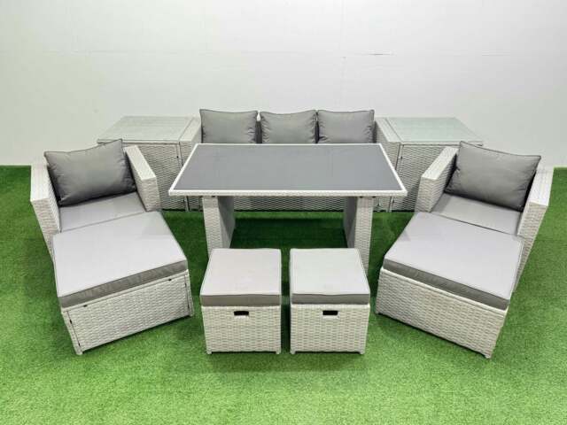 Rackhams Patio Garden Furniture Sets with Black Glass Top Dining Table Armchair 3 Seater Sofa 2 Side Tables 4 Stools Light Grey - image 1
