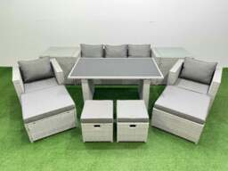 Rackhams Patio Garden Furniture Sets with Black Glass Top Dining Table Armchair 3 Seater Sofa 2 Side Tables 4 Stools Light Grey - thumbnail 1