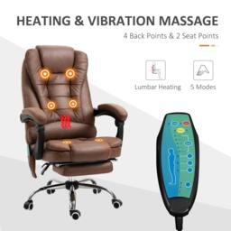 Rackhams Heated 6 Points Vibration Massage Executive Office Chair Adjustable Swivel Ergonomic High Back Desk Chair Recliner with Footrest Brown - thumbnail 3