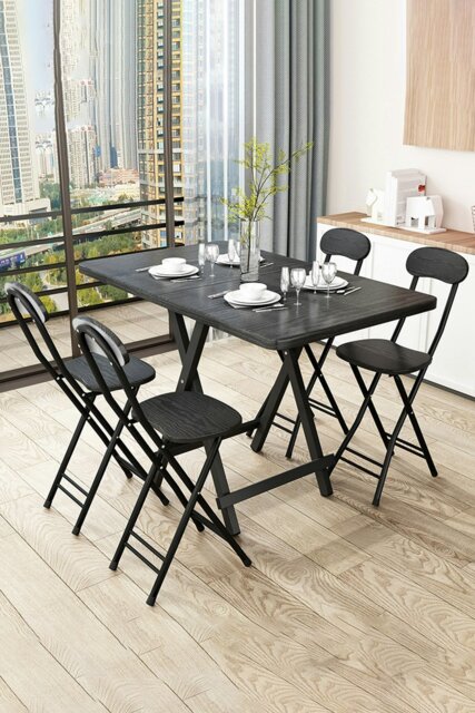 Rackhams 5pcs Folding Table and 4 Chairs Set Indoor Outdoor Bistro Kitchen Dining Set Furniture - Black - image 1
