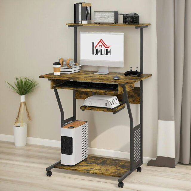 Rackhams Industrial Rolling Computer Desk With Keyboard Tray And Shelves Brown - image 1