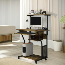 Rackhams Industrial Rolling Computer Desk With Keyboard Tray And Shelves Brown - thumbnail 2