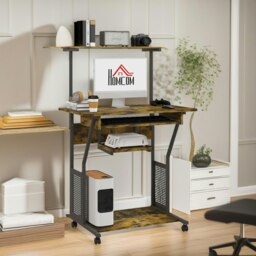 Rackhams Industrial Rolling Computer Desk With Keyboard Tray And Shelves Brown - thumbnail 4