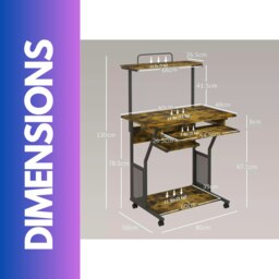Rackhams Industrial Rolling Computer Desk With Keyboard Tray And Shelves Brown - thumbnail 6