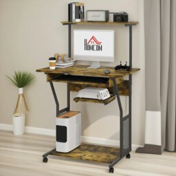 Rackhams Industrial Rolling Computer Desk With Keyboard Tray And Shelves Brown