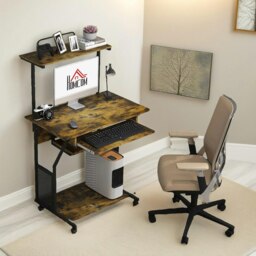 Rackhams Industrial Rolling Computer Desk With Keyboard Tray And Shelves Brown - thumbnail 3