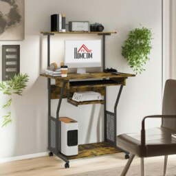Rackhams Industrial Rolling Computer Desk With Keyboard Tray And Shelves Brown - thumbnail 5