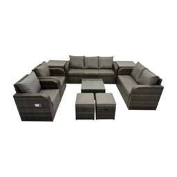 Rackhams 3 Seater Sofa Reclining Chair Coffee Table Set Rattan Garden Outdoor Furniture Set with 2 Side Tables 2 Small Stool Dark Grey Mixed - thumbnail 1