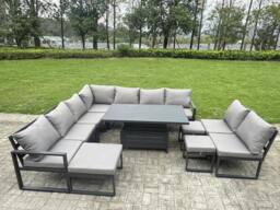 Rackhams 11 Pieces Aluminium Garden Furniture Set with Cushions, Patio Furniture Set with Adjustable Rising Lifting Dining Table 3 Footstools Dark Grey - thumbnail 2