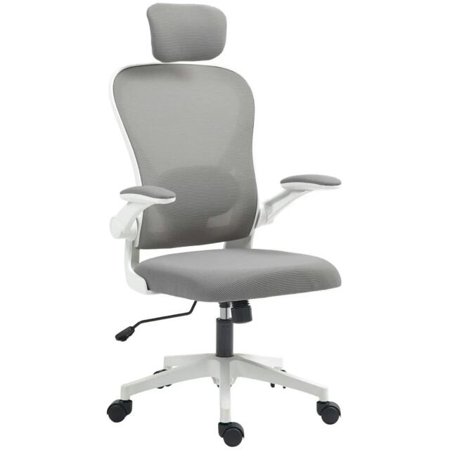 Rackhams Executive Office Chair, Ergonomic Mesh High Back Desk Chair with Flip-up Armrest, Rotatable Headrest, Adjustable Lumbar Support for Home Study, Grey