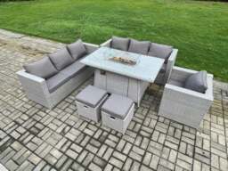 Rackhams 9 Seater Outdoor Garden Dining Sets Rattan Furniture Gas Fire Pit Dining Table Gas Heater with Armchair 2 Small Footstools Light Grey - thumbnail 2