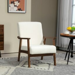 Rackhams Boucle Accent Chair Armchair W/ Wide Seat for Living Room - White - Polyester, Rubber wood