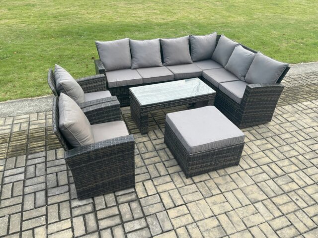 Rackhams Rattan Corner Sofa Garden Furniture Set with Big Footstool Rectangular Coffee Table 2 Armchairs with Cushion Dark Grey Mixed - image 1