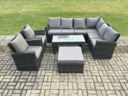 Rackhams Rattan Corner Sofa Garden Furniture Set with Big Footstool Rectangular Coffee Table 2 Armchairs with Cushion Dark Grey Mixed - thumbnail 2