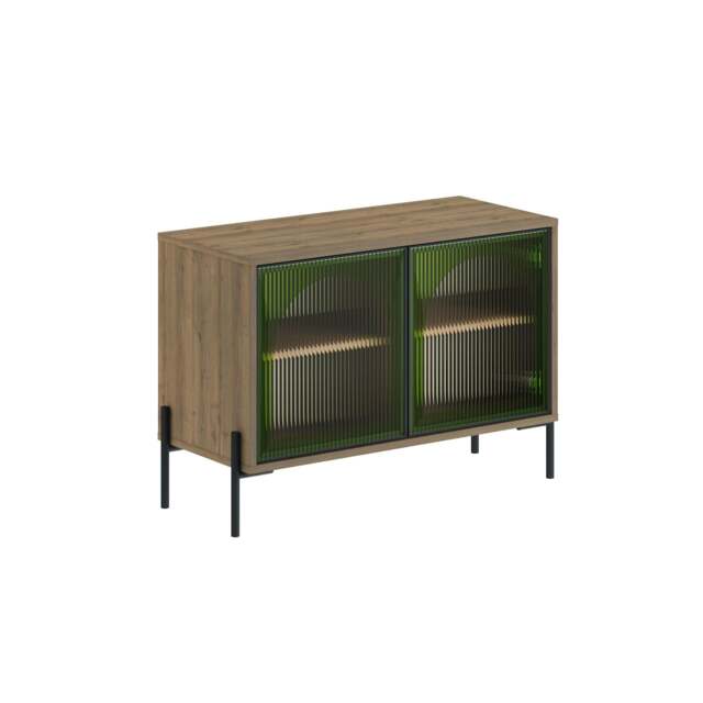 Rackhams Modern Buffet Cabinet 2 Ribbed Green Glass Push-to-Open Doors Sideboard Storage Unit w/Metal Leg, Office, Dark Oak Effect - Dark Oak Effect - image 1
