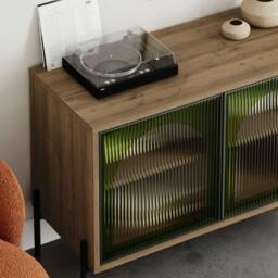 Rackhams Modern Buffet Cabinet 2 Ribbed Green Glass Push-to-Open Doors Sideboard Storage Unit w/Metal Leg, Office, Dark Oak Effect - Dark Oak Effect - thumbnail 3