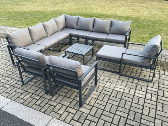 Rackhams Outdoor Garden Furniture Patio Lounge Corner Sofa Aluminium Set with Square Coffee Table Big Footstool 3 Chair Dark Grey
