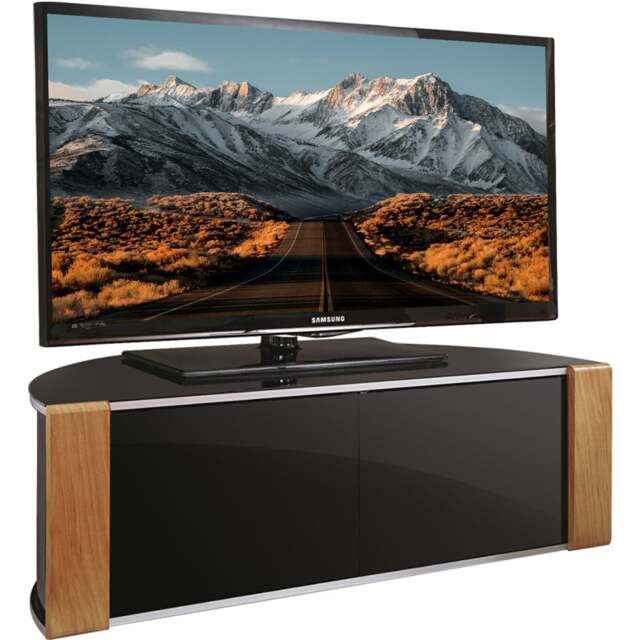 "Rackhams Sirius 1200 Black with Remote Friendly Beam Thru Glass Door and Walnut/Oak Profiles for up to 55"" LCD/Plasma/LED Cabinet TV Stand" - image 1