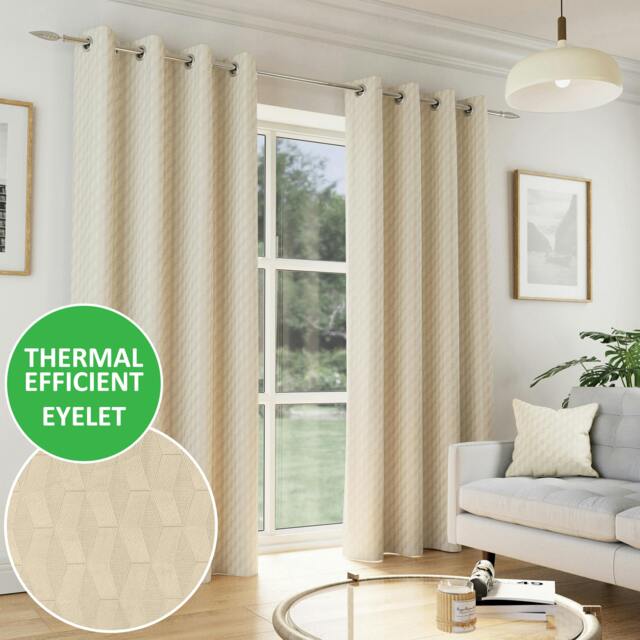"Rackhams Tokyo Geometric Velvet Embossed Thermal Room Darkening Curtains for Bedroom & Living Room - Cream - 90"" (229cm) Width x 72"" (183cm) Drop" - image 1