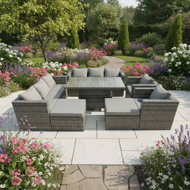 Rackhams 10 Seater Rattan Garden Furniture Set with Rising Dining Table,  2 Sofas, 2 Armchairs & 2 Stools - Dark Grey - image 1