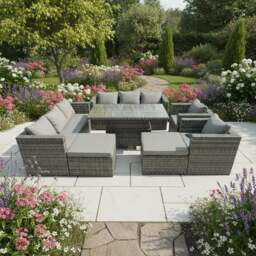 Rackhams 10 Seater Rattan Garden Furniture Set with Rising Dining Table,  2 Sofas, 2 Armchairs & 2 Stools - Dark Grey - thumbnail 1