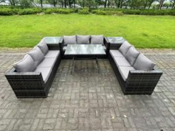 Rackhams 9 Seater Rattan Outdoor Furniture Sofa Garden Dining Set with Patio Dining Table 2 Side Tables Dark Grey Mixed - thumbnail 1